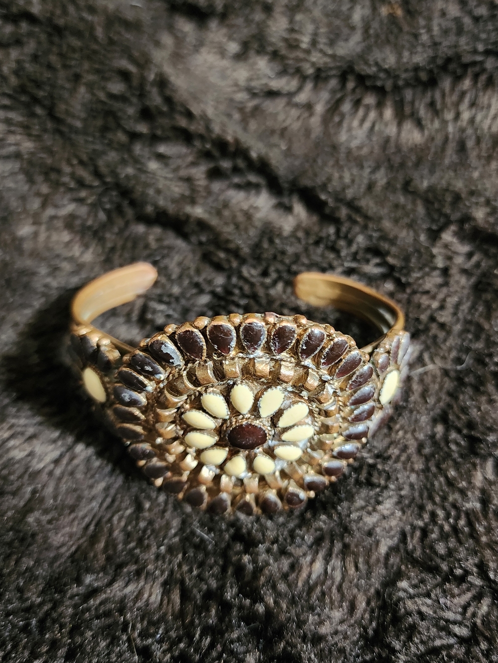 Boho Brown and Cream Floral Beaded Cuff Bracelet